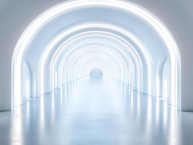 A bright futuristic corridor with smooth white walls glowing arches and reflective floors creating a sleek modern look