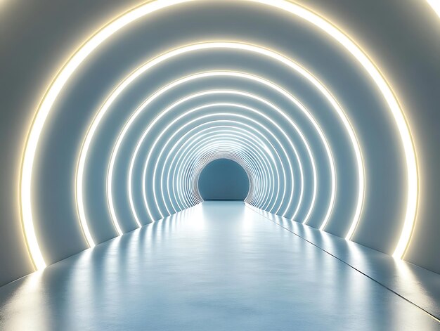 Photo a bright futuristic corridor with smooth white walls glowing arches and reflective floors creating a sleek modern look