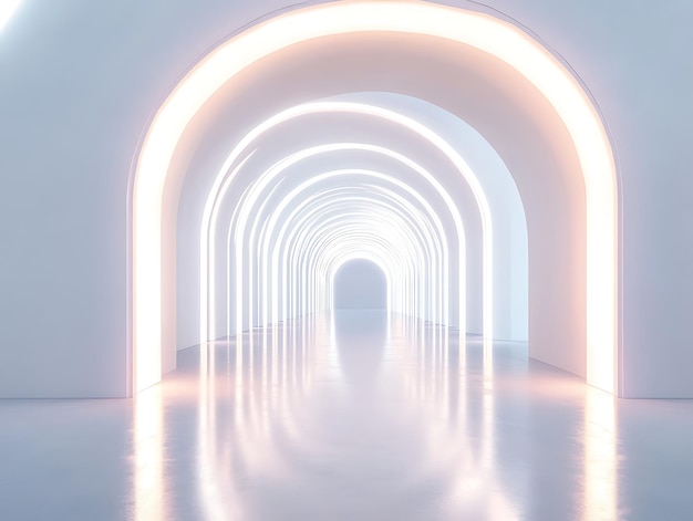 A bright futuristic corridor with smooth white walls glowing arches and reflective floors creating a sleek modern look