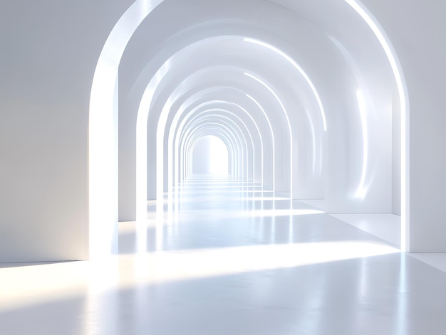 A bright futuristic corridor with smooth white walls glowing arches and reflective floors creating a sleek modern look