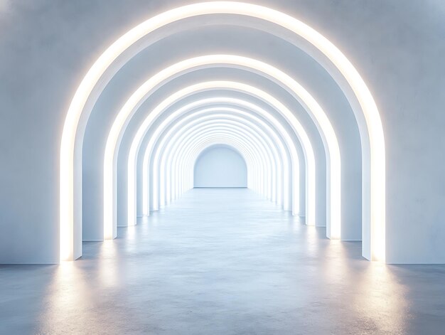 A bright futuristic corridor with smooth white walls glowing arches and reflective floors creating a sleek modern look