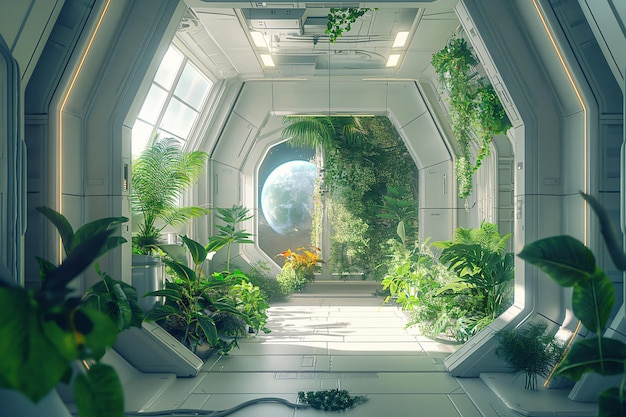 Bright futuristic spacecraft interior with a lush vertical garden and a large window offering a breathtaking view of earth