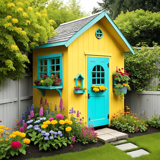 Bright Garden Shed with Lush Flowers