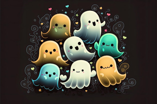 Bright ghosts, cute, black background, Made by AI,Artificial intelligence