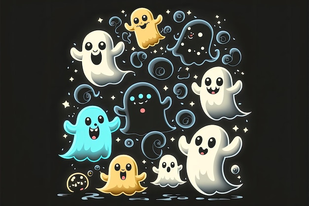 Bright ghosts cute black background Made by AIArtificial intelligence