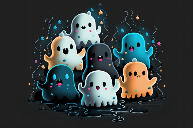 Bright ghosts cute black background Made by AIArtificial intelligence