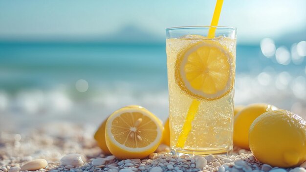 Photo a bright glass of lemonade with lemon slices sits on a sandy beach radiating summer vibes