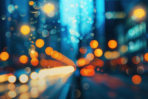 Bright glowing lights of district in megapolis under dusk sky in evening on blurred background