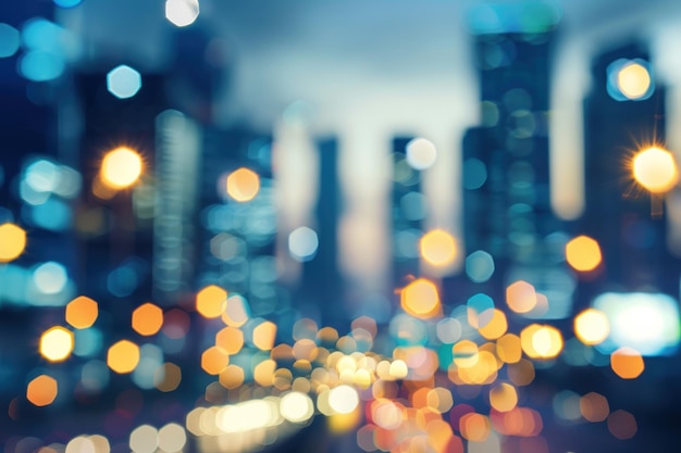 Bright glowing lights of district in megapolis under dusk sky in evening on blurred background