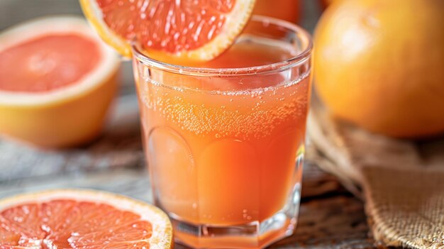 Bright grapefruit juice with a touch of honey served in a glass with a grapefruit wedge