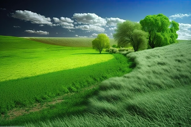 Bright green field with fluffy grass on spring day