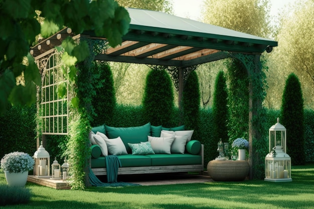 Bright green lawn with pergola and outdoor sofa in cozy backyard