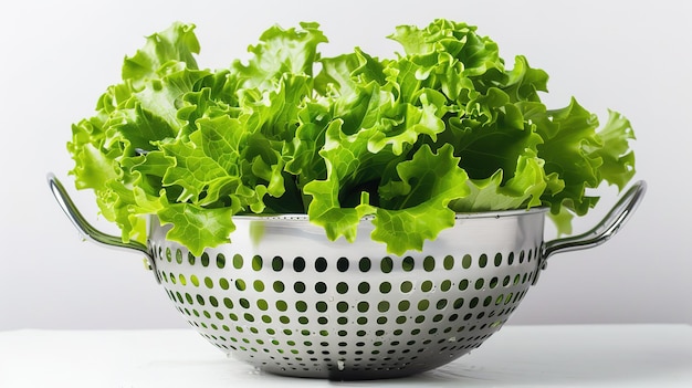 Bright green lettuce leaves in a stainless steel colander on a clean white background