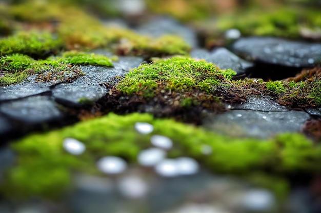 Bright green moss on stones in forest close up