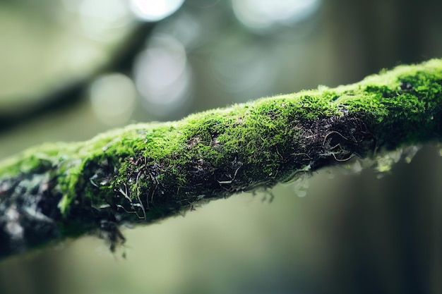 Bright green moss on tree branch bark close up