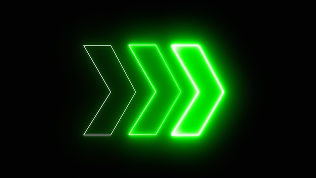 Bright green neon light arrows pointing to the right 3D rendering of glowing neon arrows on a black background Flashing direction indicators