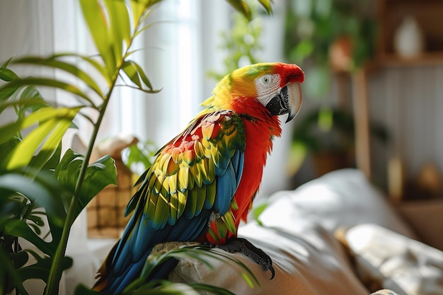 Bright green red yellow macaw parrot on grey sofa living room green plants wood shelves background