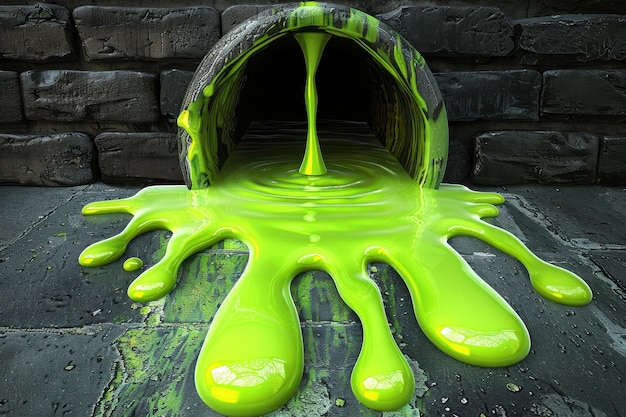 Photo bright green slime flowing from a barrel on a dark surface