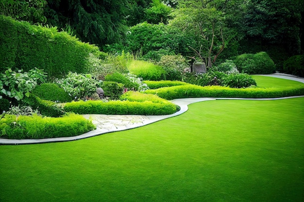 Bright green smooth lawn with trail