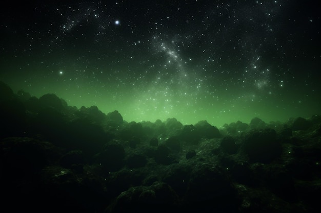 Bright green star in starfield dark galaxy planets in a free space generated AI