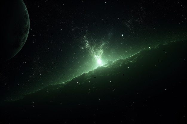 Bright green star in starfield dark galaxy planets in a free space generated AI