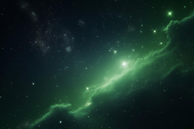 Bright green star in starfield dark galaxy planets in a free space generated AI