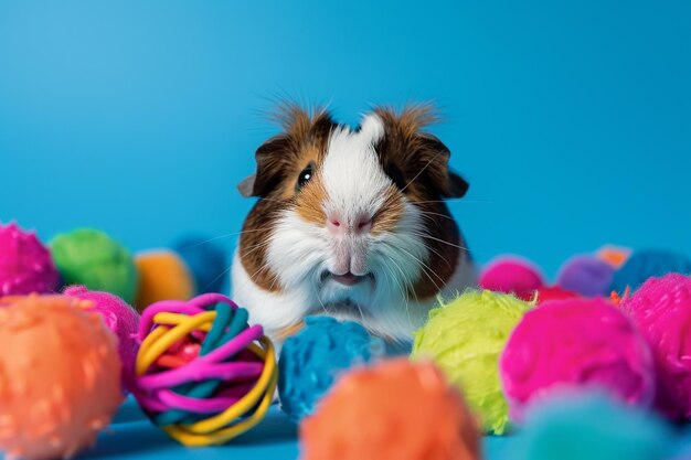 Photo bright guinea pig playing with toys on a neon blue background cheerful animal portrait to add joy to your living space