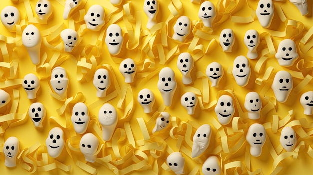 Bright Halloween background with toy heads of ghosts in yellow color