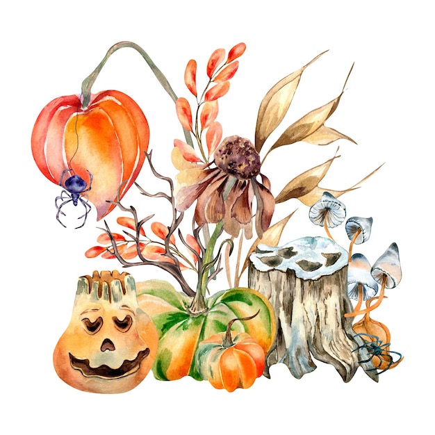 Bright Halloween composition with colorful plants watercolor illustration isolated on white background