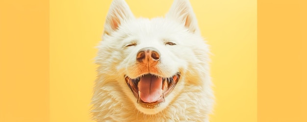 Bright and Happy Samoyed Dog with Fluffy White Fur Smiling in Front of Yellow Background Joyful Pet