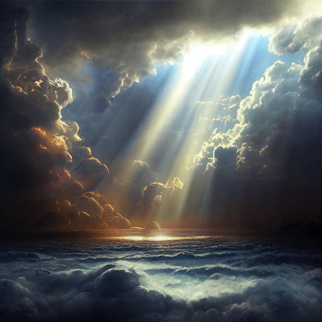 Bright heavenly sunbeams breaking through cumulus clouds A symbol of hope and insight