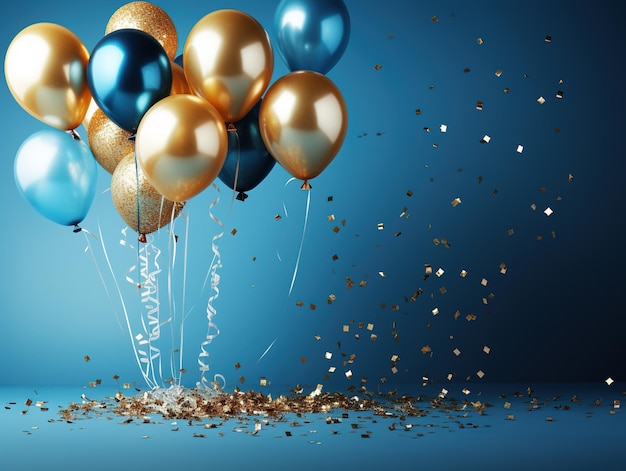 Bright helium flying balloons with confetti Postcard template Generative ai