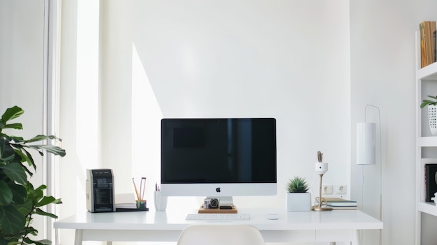 Bright home office setup with modern computer and plants concept of a productive and inspiring work