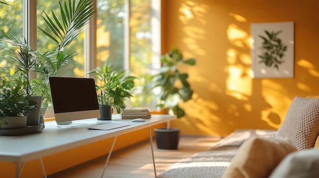 Photo bright home office with plants and sunlight streaming through large windows