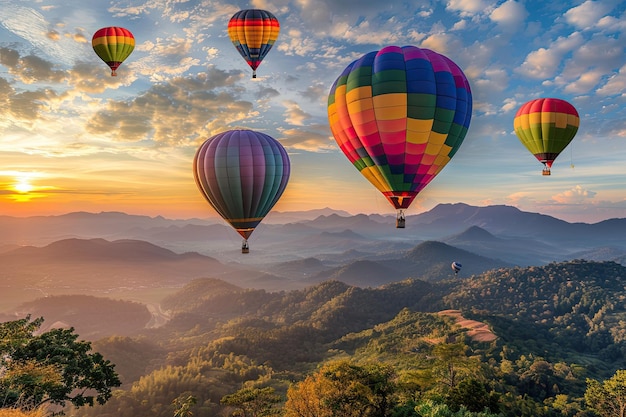 Bright hot air balloons fly over mountains in Chiang Mai Thailand