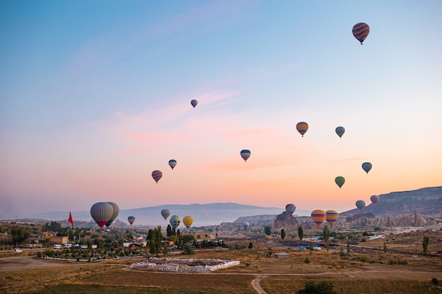 Bright hot air balloons in sky of cappadocia turkey