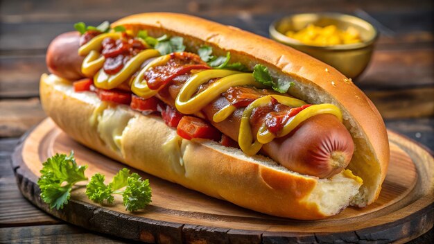 Photo a bright hot dog with juicy sausage in a soft bun decorated with crispy bacon slices of pickles a