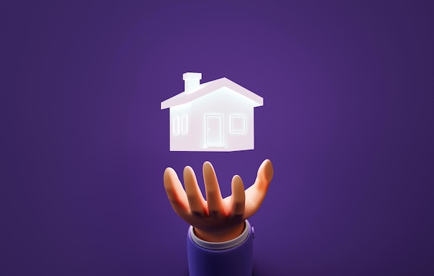 Bright house icon on male hand on purple background