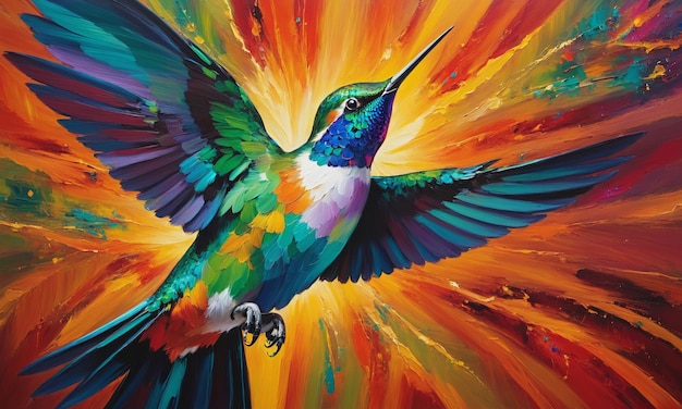 A bright hummingbird among a colorful explosion painted in oil