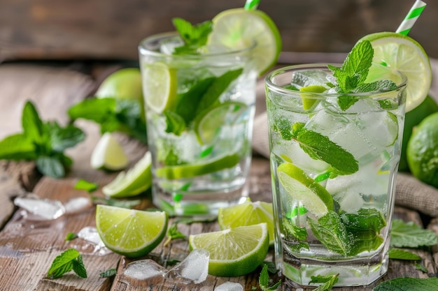 Bright icy mint mojito cocktail on a rustic wooden table with sliced lime