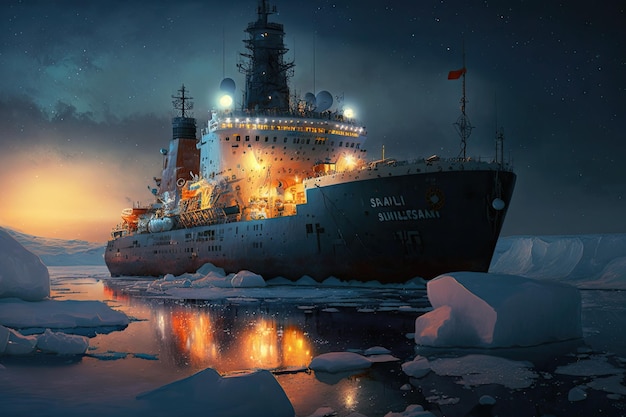 Bright illuminated place in arctic with icebreaker ship at berth