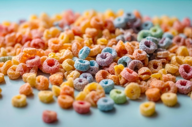 A bright image a background with a scattering of rainbow corn rings Delicious breakfast sweet