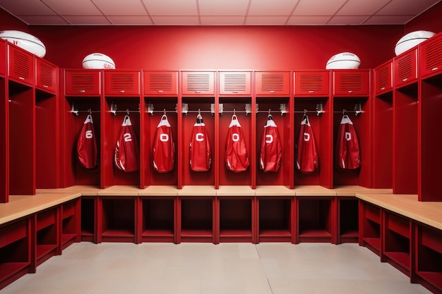 Bright image of football locker room clean and neat wooden seats Generative AI