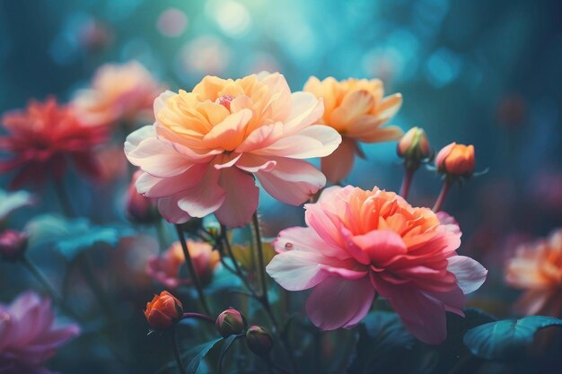 Bright image with flowers dark retro colors Delicate pink buds and petals blurred background glare