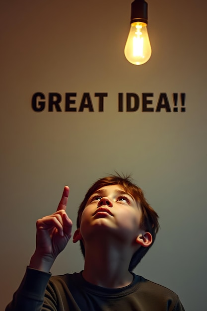 Photo bright inspiration detailed photo of teen pointing to lightbulb with great idea text