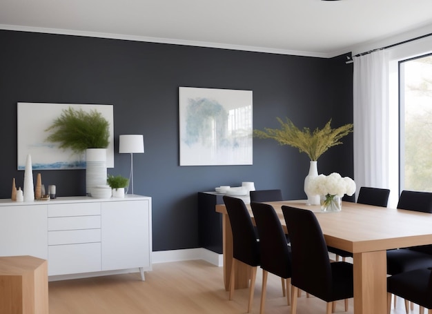 Bright interior of living room with dining space