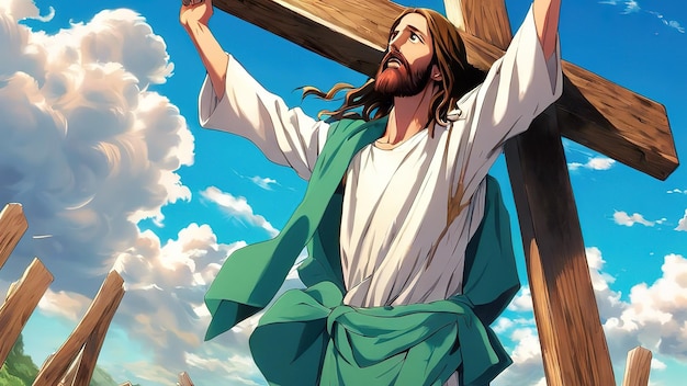 Bright Jesus carries the cross in an image of deep devotion and physical hardship