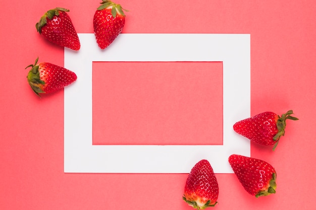 Bright juicy strawberries on white frame on a pink background