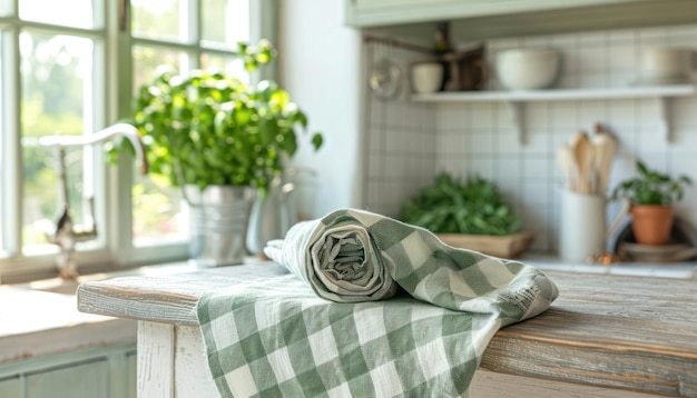 Bright Kitchen Background with White Wooden Table and Checkered Kitchen Towel Detail