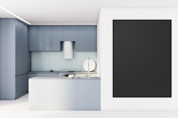 Bright kitchen interior with an empty black poster on the wall and blue shelves concrete floor and ceiling interior design concept 3d rendering mock up